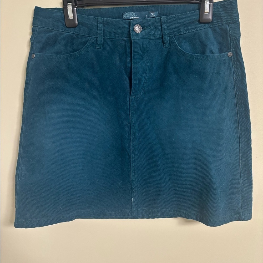 PrAna Trista Corduroy Mini Skirt Womens Size 8 Medium Blue Green Pockets Organic